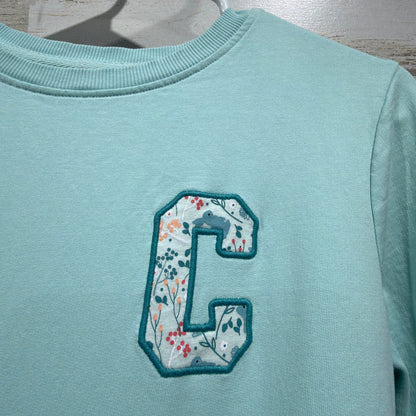 Pique Nique Sweatshirt Girls 14 Aqua Blue Floral C Patch Preppy *Flawed1