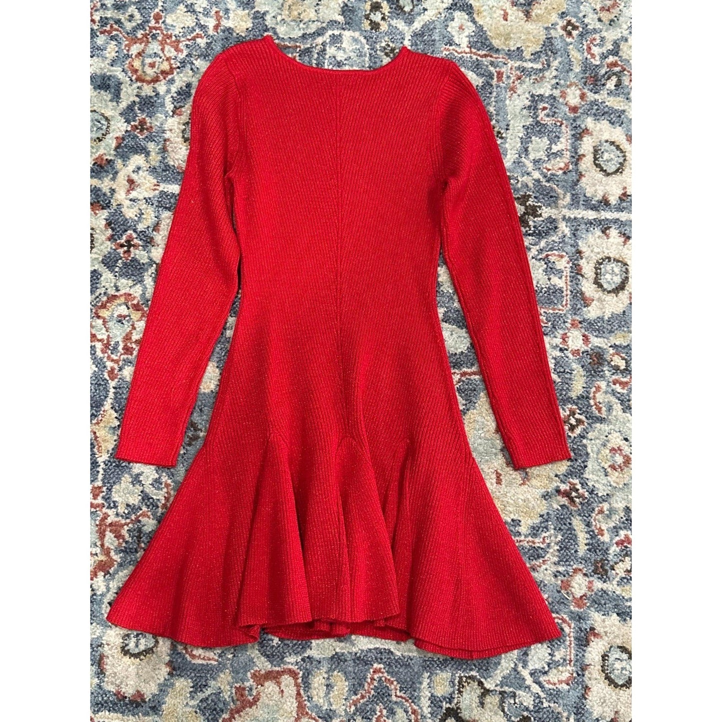 GB Sweater Dress Girls L 12/14 Red Sparkle Metallic Ribbed Skater EUC3