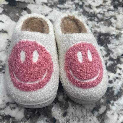 Smiley Face Slippers Toddler Girl Size 11.5-12 White Pink Fuzzy Slides NEW0