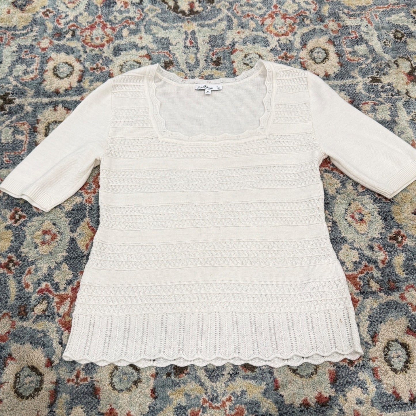 Sam Edelman Knit Top Women M White Pointelle Scalloped Coquette EUC0