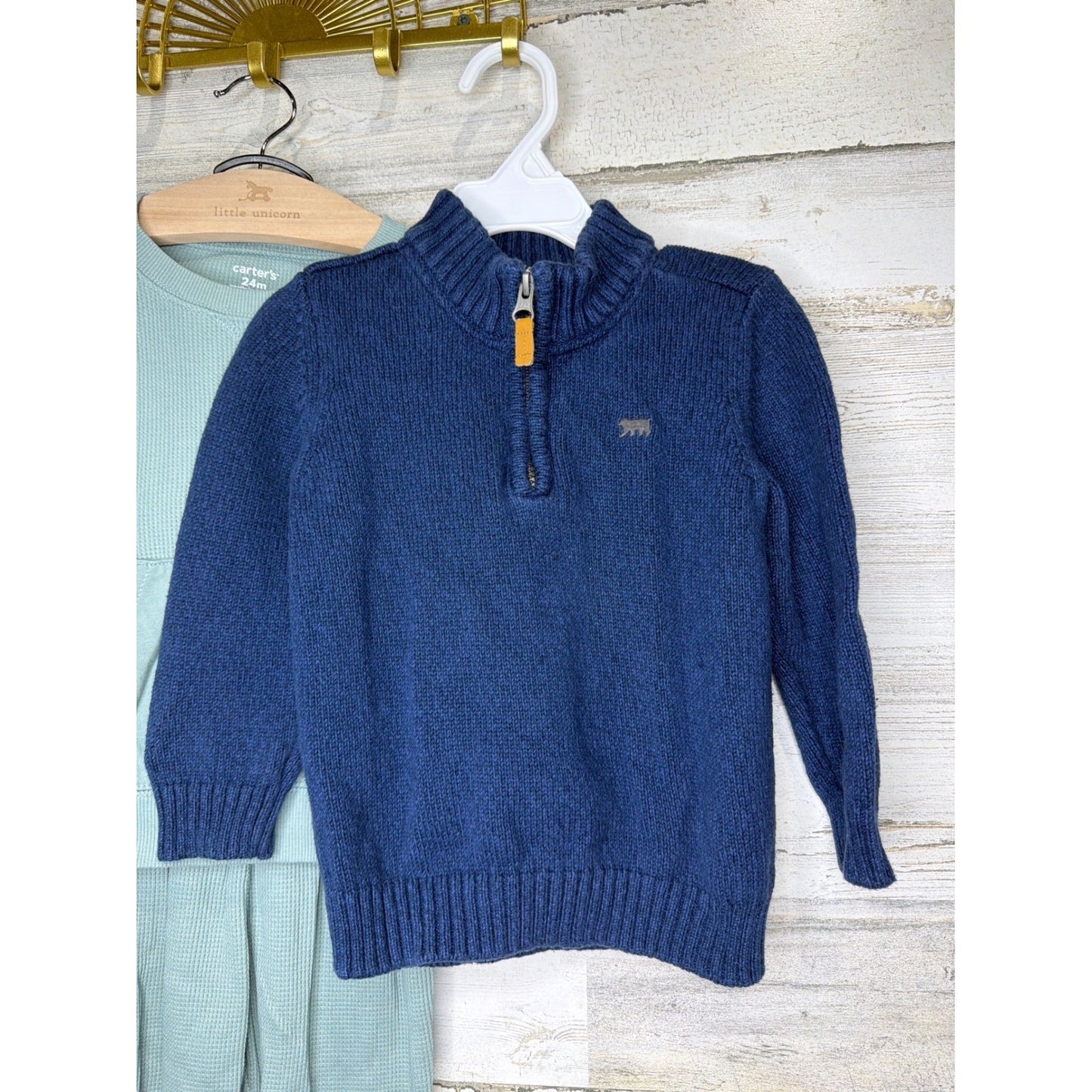 Carter's Bundle Boys 24M Blue Green Plaid Sweater Waffle Set Preppy EUC1