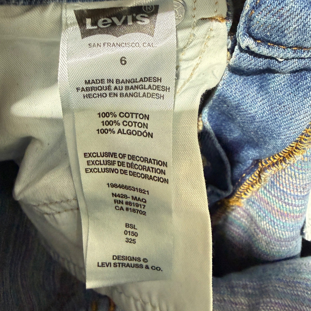 Levi Wide Leg Jeans Girls Size 6 Blue 100% Cotton Distressed Rainbow Boho 90s9