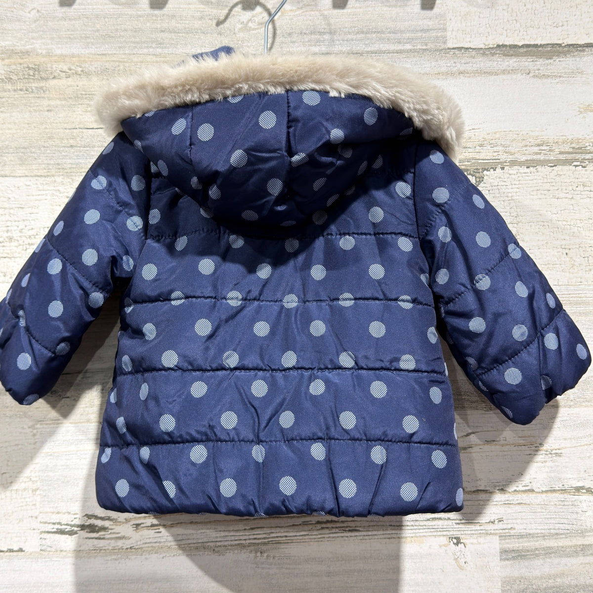 Mayoral Puffer Jacket Girls 2-4M Navy Blue Polka Dot Faux Fur Hood NWT5