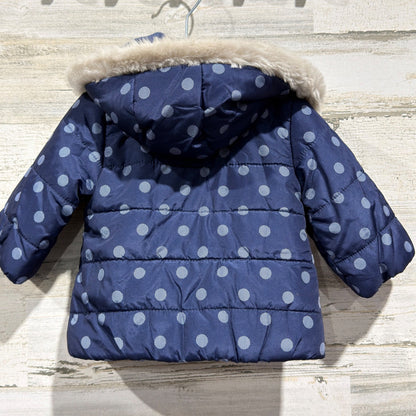 Mayoral Puffer Jacket Girls 2-4M Navy Blue Polka Dot Faux Fur Hood NWT5