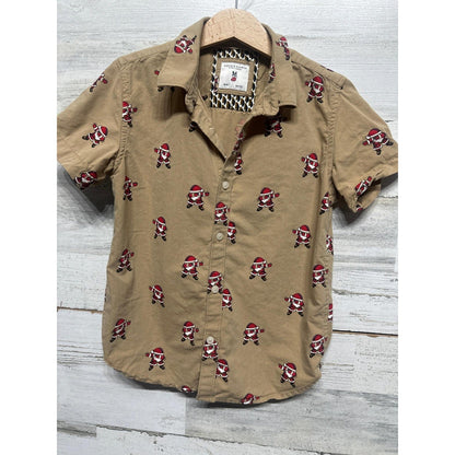 Denim & Flower Button Down Boys 7 Tan Dabbing Santa Christmas Shirt EUC0