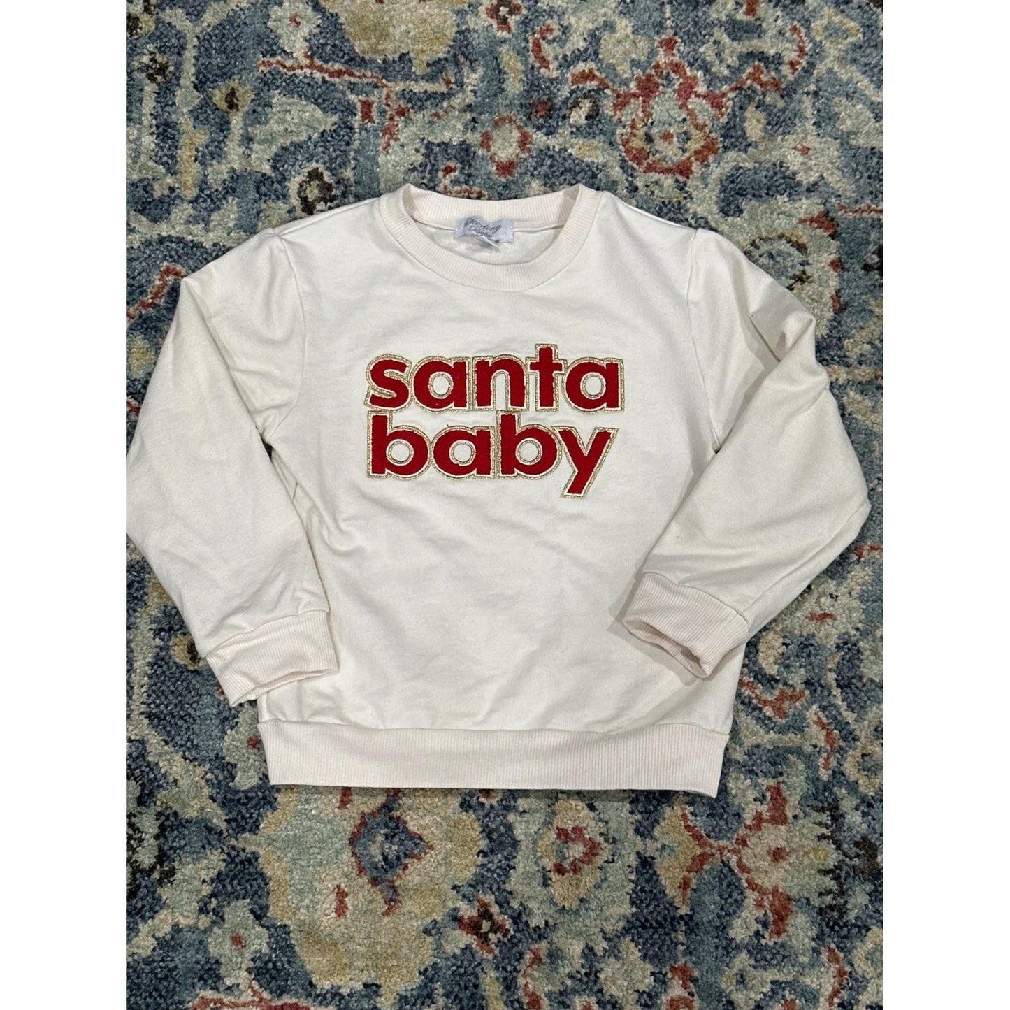 Sterling Baby Sweatshirt Girls 4T Cream Santa Baby Chenille Patch EUC0