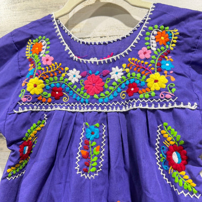 Mexican Folk Art Dress Girls 5-6 Purple Floral Embroidered Boho EUC1
