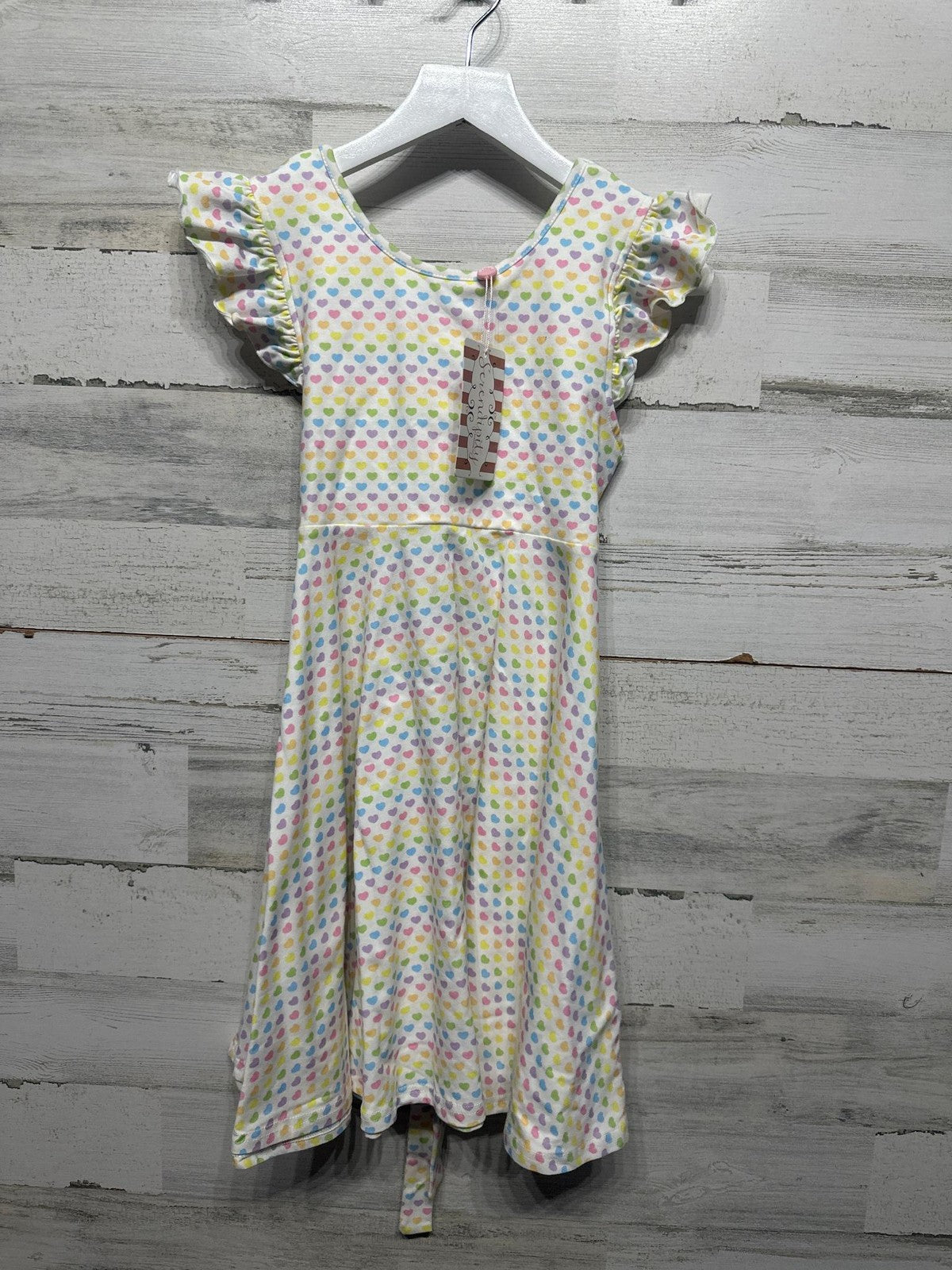 Serendipity Flutter Sleeve Dress Girls 10 White Rainbow Heart Print NWT0