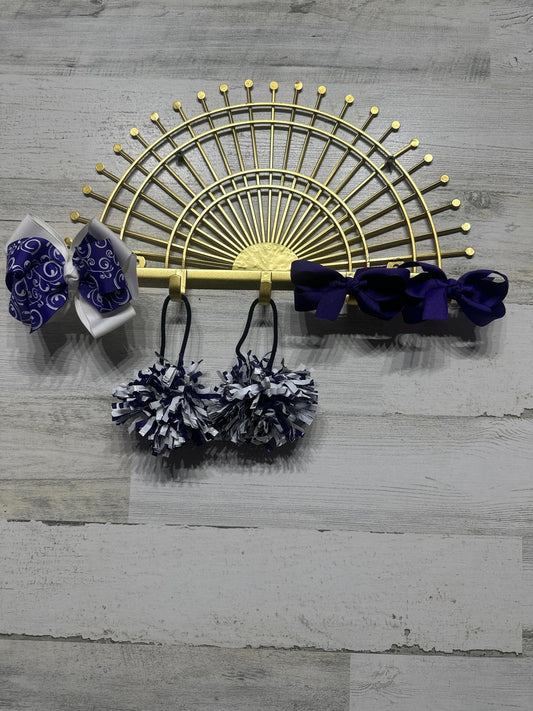 Hair Accessory Bundle 5 Pieces Kids OS Purple White Cheer Bow Pom Poms0