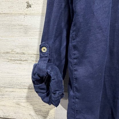 Sigrid Olsen Linen Shirt Women M Navy Blue Roll Tab Sleeve Coastal *Flawed*6