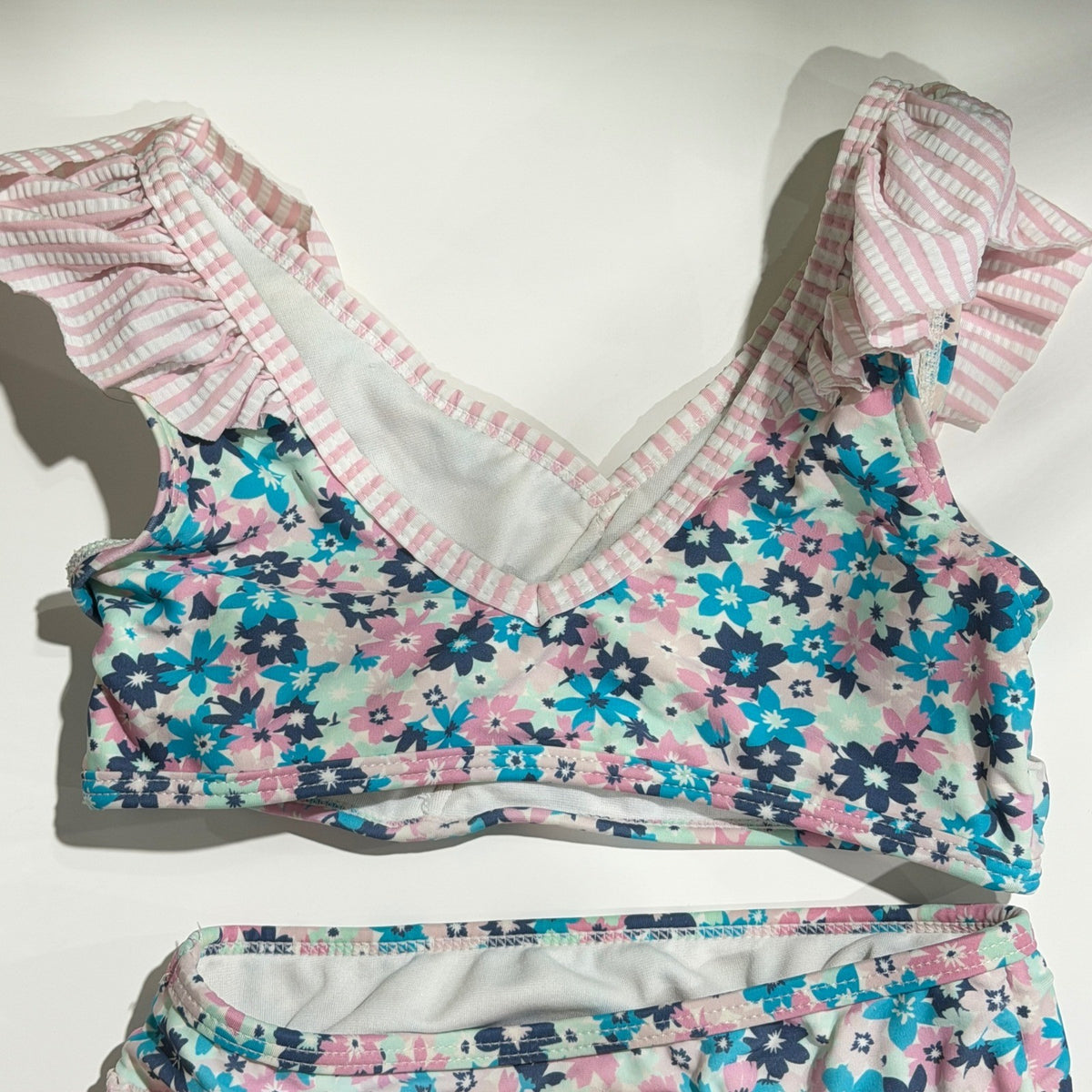 Ruffle Butts Bikini Swimsuit Girls 4T Pink Blue Floral Seersucker Core GUC*5