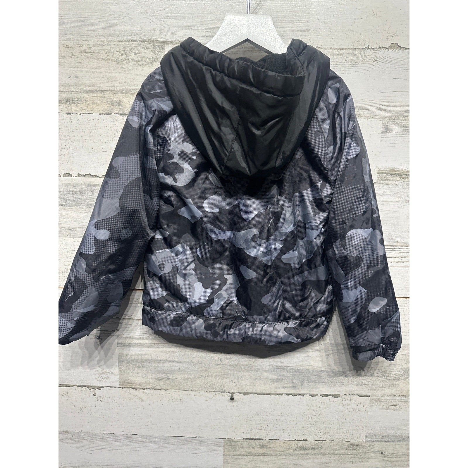 Nike Hooded Jacket Boys 4T Black Gray Camo Fleece Lined Full Zip Sporty EUC3