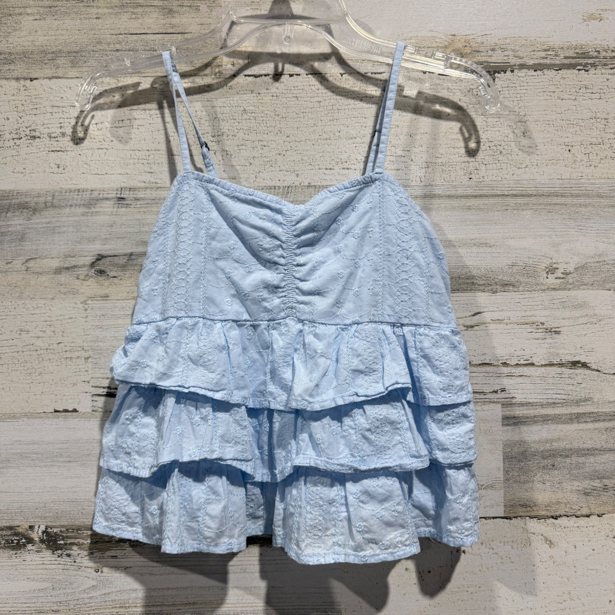 Abercrombie Kids Tiered Eyelet Cami Top Girls 13/14 Light Blue Cotton Boho EUC0