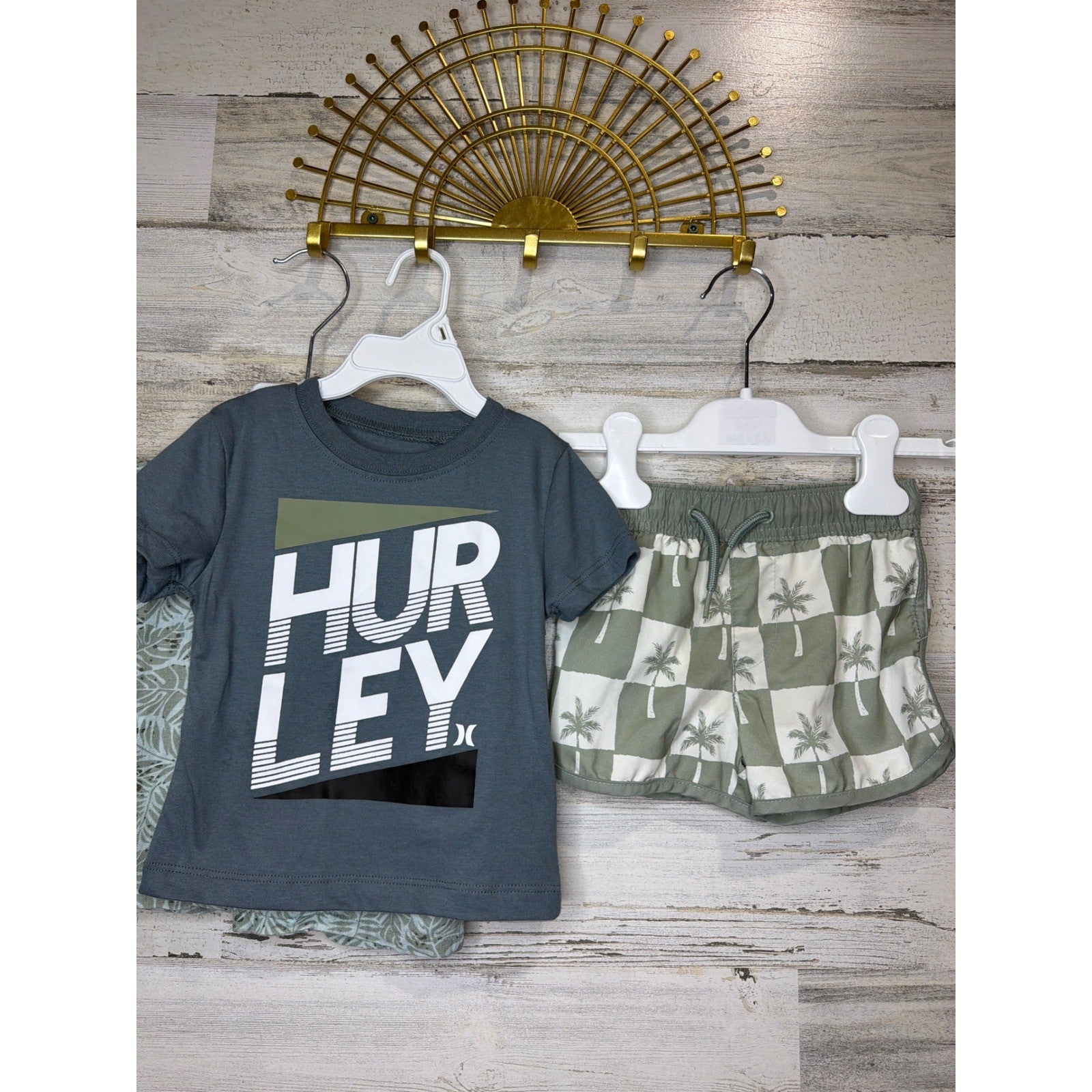 Volcom Hurley Boys 12M Green Grey Linen Set T-Shirt Swim Trunks Bundle Surf3