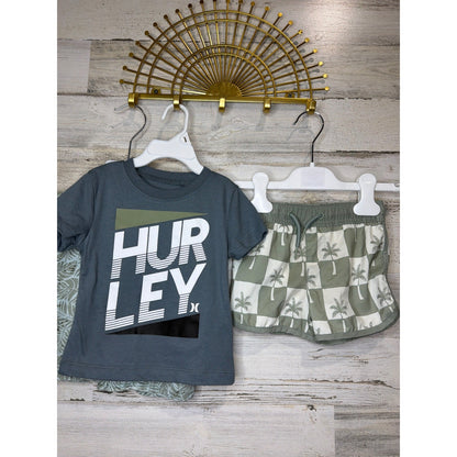 Volcom Hurley Boys 12M Green Grey Linen Set T-Shirt Swim Trunks Bundle Surf3