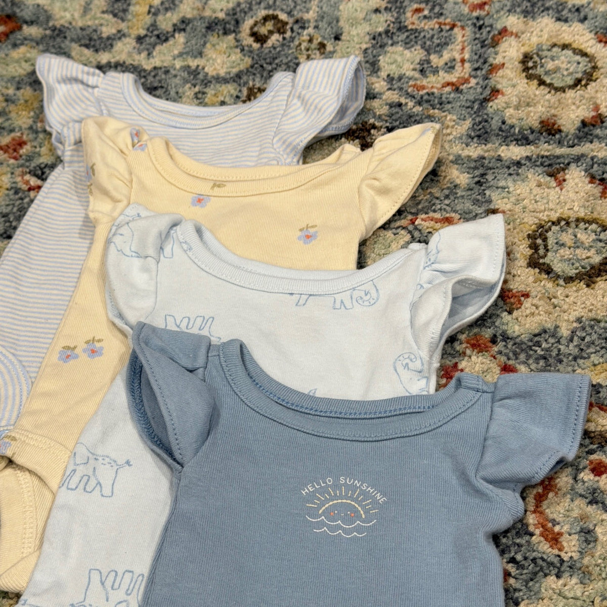 Carter's Bodysuit Set Girls Preemie Blue Yellow Floral Elephant Flutter EUC2