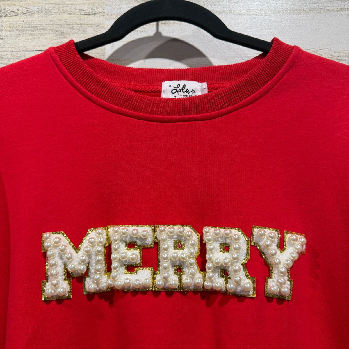 Lola + The Boys Merry Sweatshirt Women Large Red Pearl Holiday Festive EUC1
