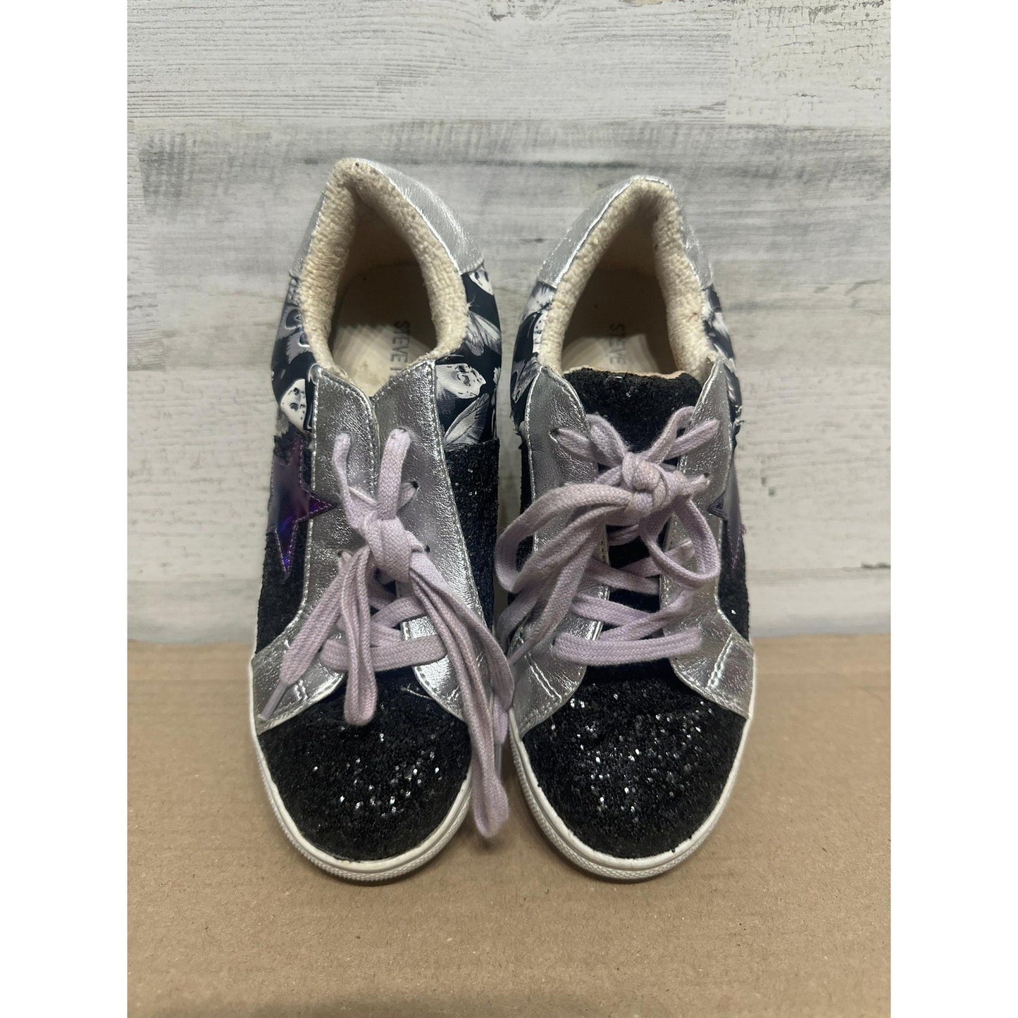 Steve Madden Sneakers Kids Youth 3 Black Silver Glitter Star Butterfly2