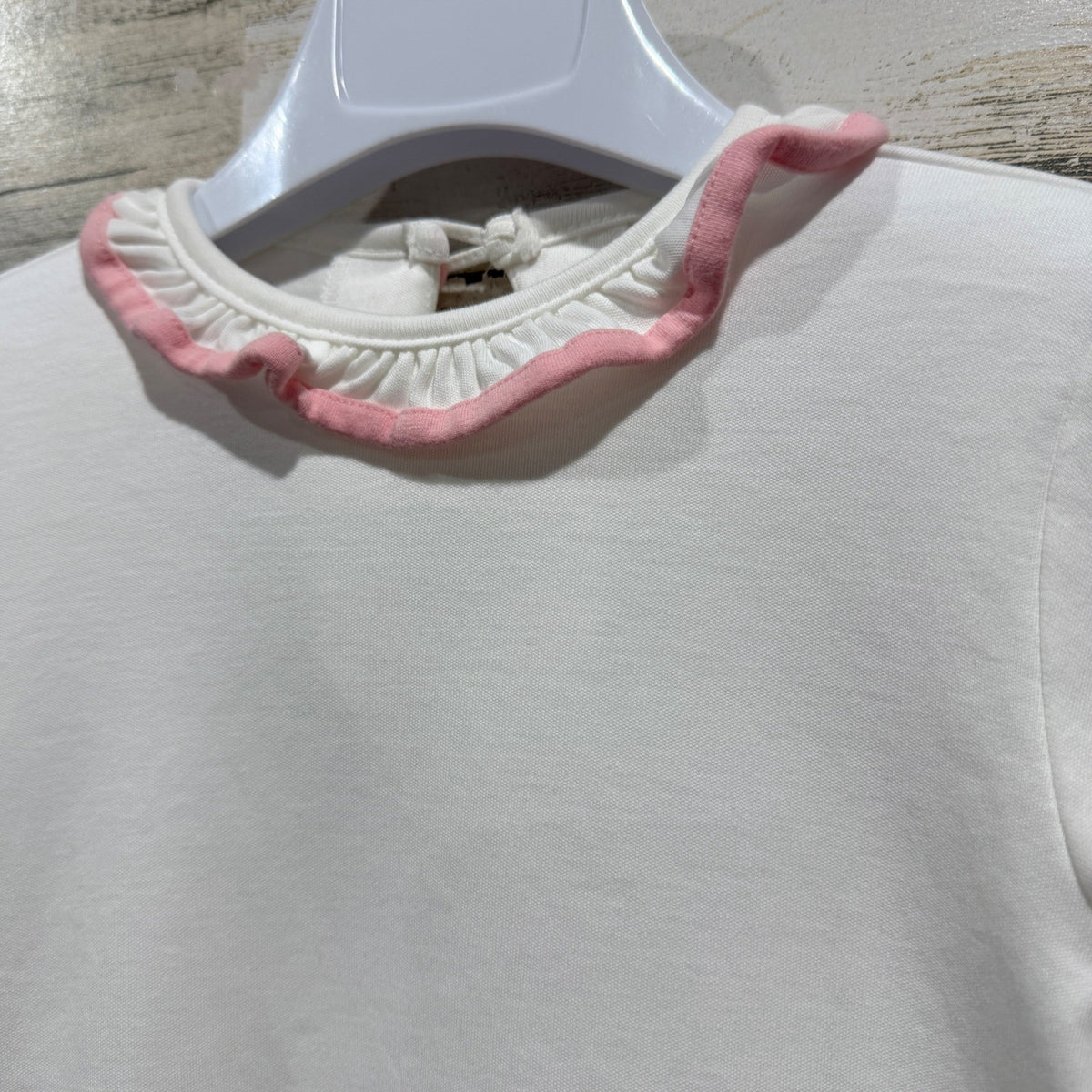 James & Lottie Ruffle Collar Top Girls Size 5 White Pink Pima Cotton Classic EUC1