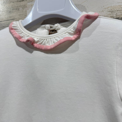 James & Lottie Ruffle Collar Top Girls Size 5 White Pink Pima Cotton Classic EUC1