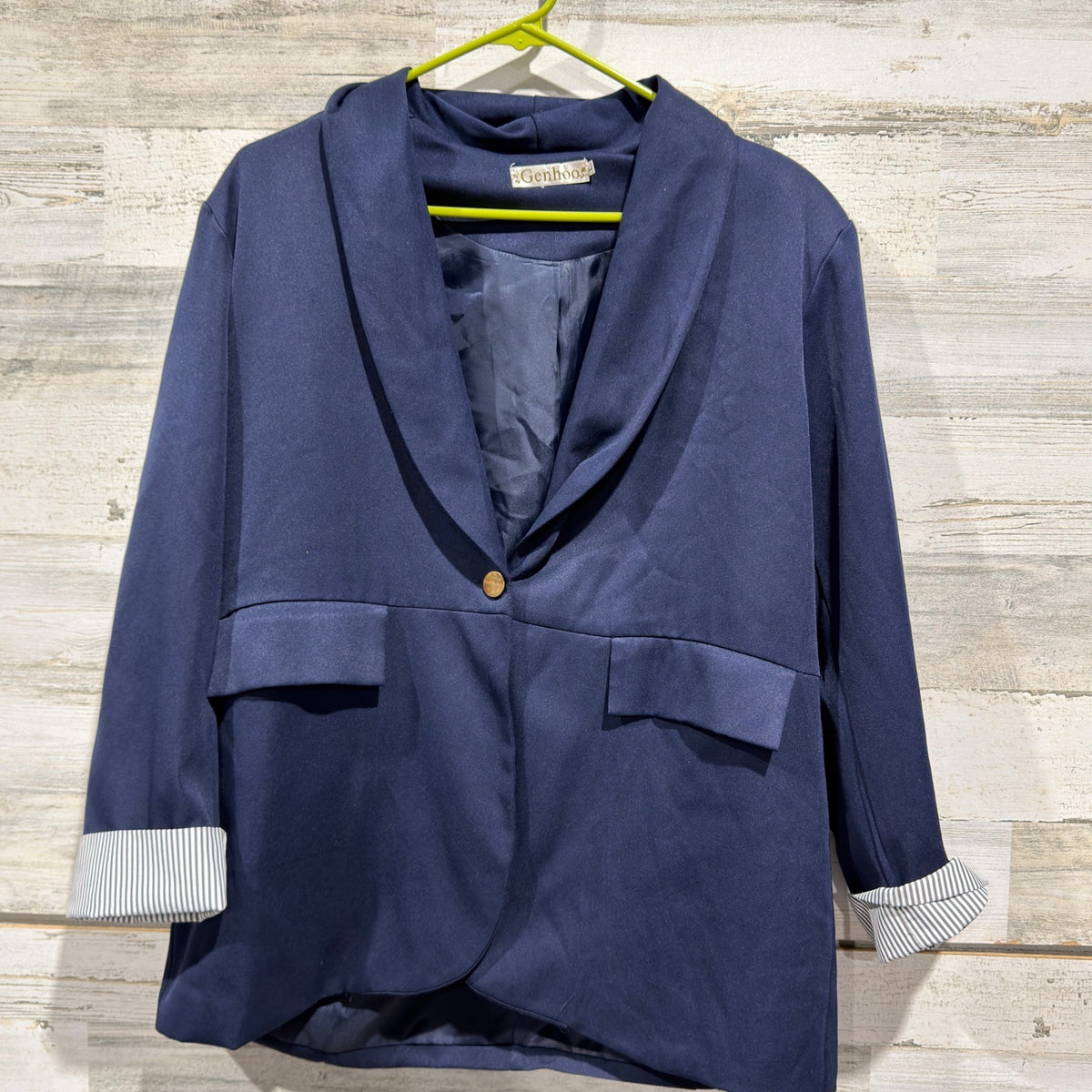 Genhoo Shawl Collar Blazer Women Large Navy Blue Polyester Rayon Spandex Modern0
