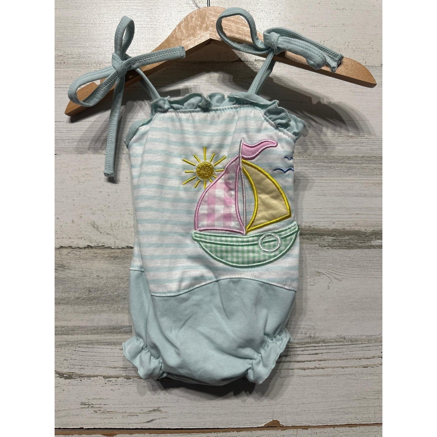 Abby & Evie Sailboat Romper Baby Girl 3M Blue Striped Nautical Sun EUC0