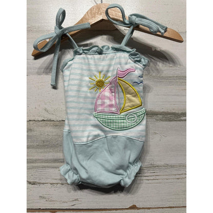 Abby & Evie Sailboat Romper Baby Girl 3M Blue Striped Nautical Sun EUC0