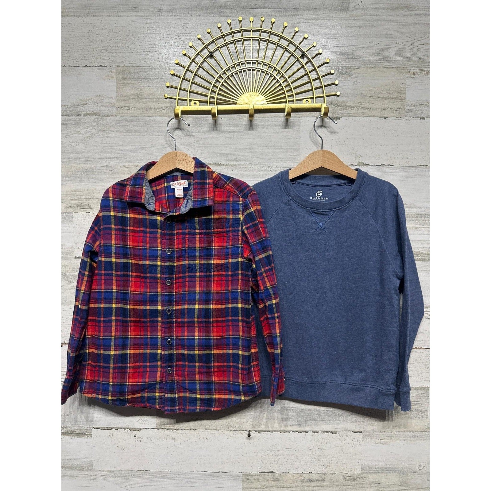 Cat & Jack Class Club Shirt Sweatshirt Boys 6/7 Red Blue Plaid Bundle EUC0