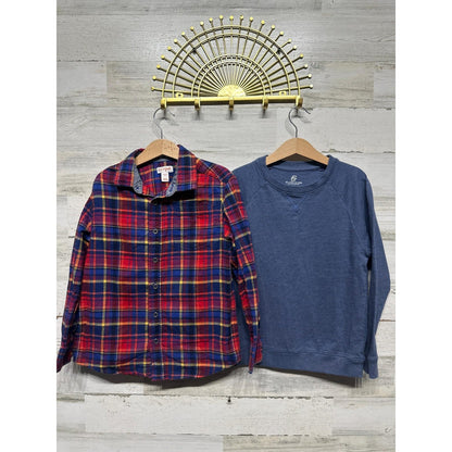 Cat & Jack Class Club Shirt Sweatshirt Boys 6/7 Red Blue Plaid Bundle EUC0