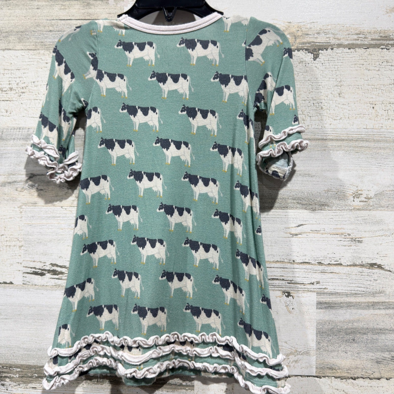 Kozi & Co Bamboo Dress Girls 18-24M Green Cow Print Ruffle Farmcore EUC3