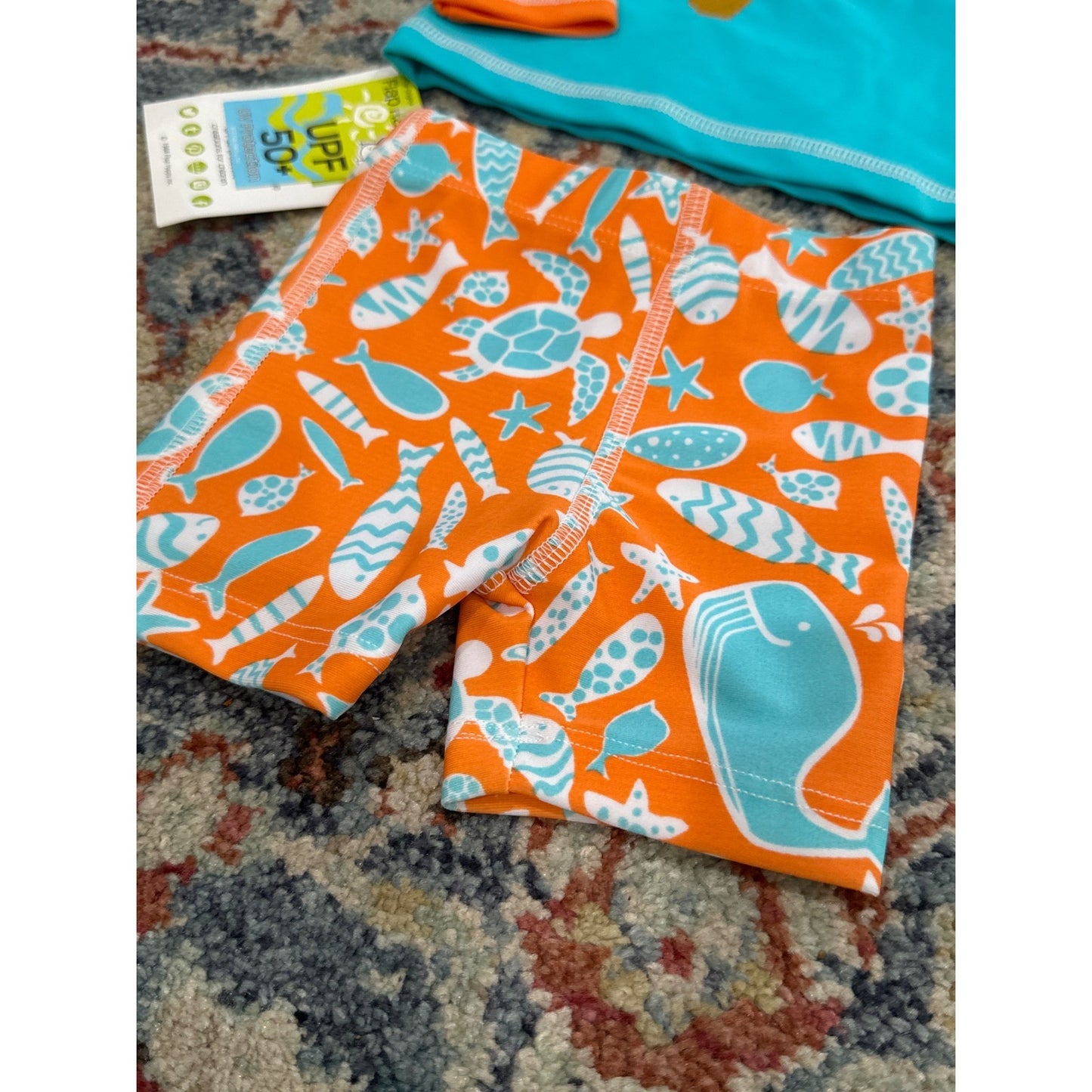 Flap Happy Rash Guard Swim Trunk Set Boys 6M Blue Orange Turtle Sea Life NWT2