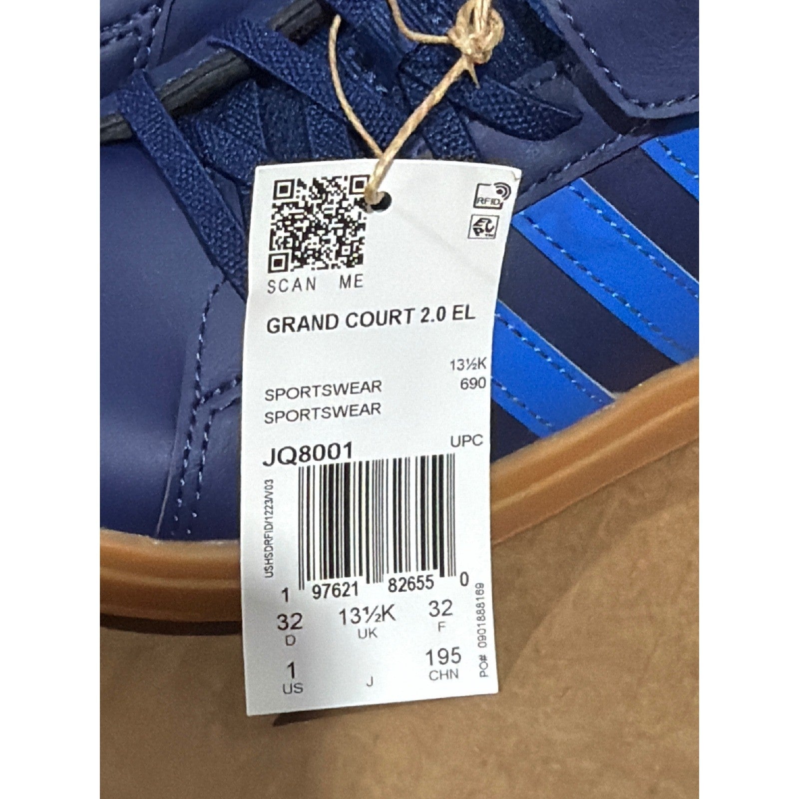 Adidas Grand Court 2.0 EL C Boys Size 1 Blue Gum Sole Sneakers Sporty NWT2