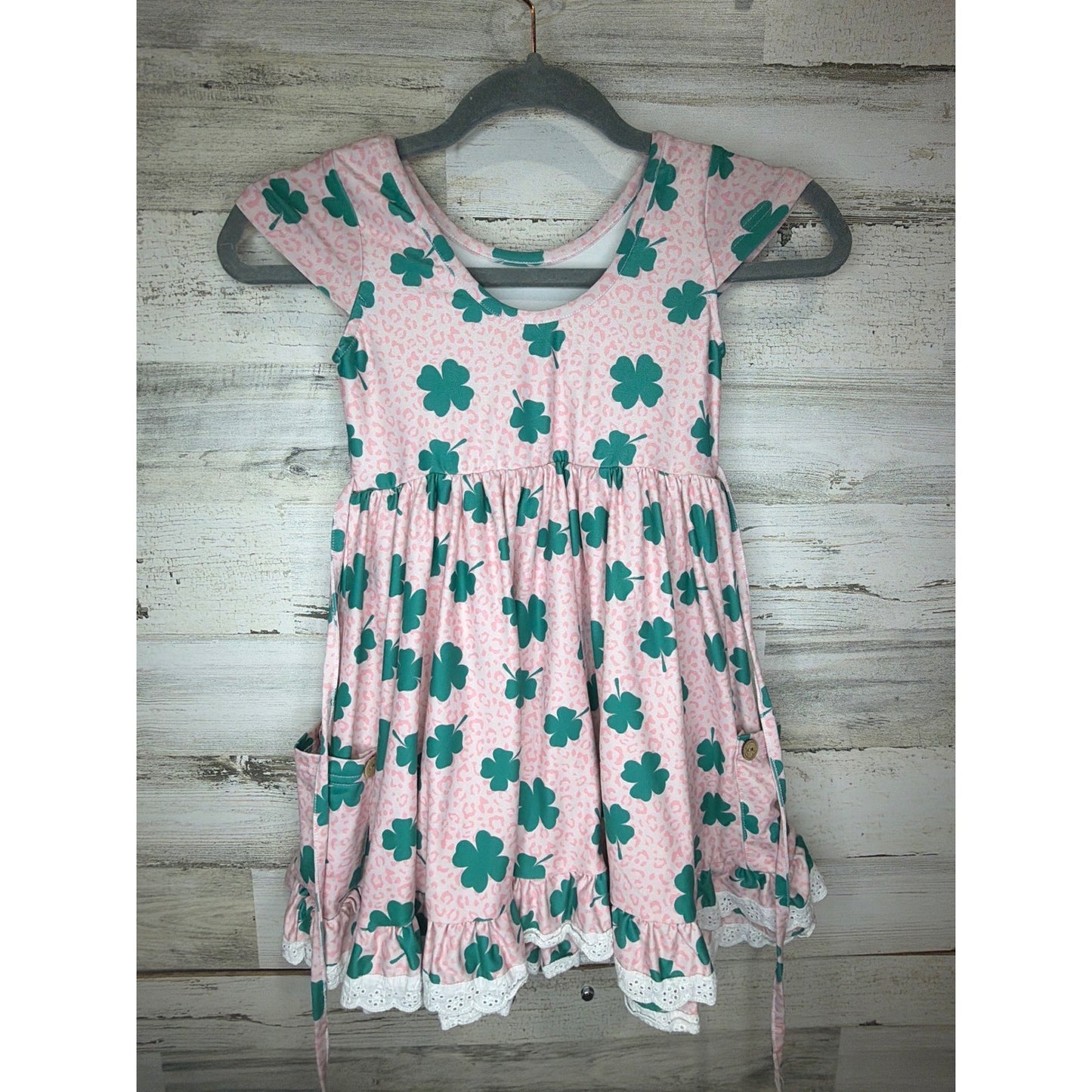 Cheeky Plum Dress Girls 6 Pink Leopard Shamrock Lace Trim Boutique2