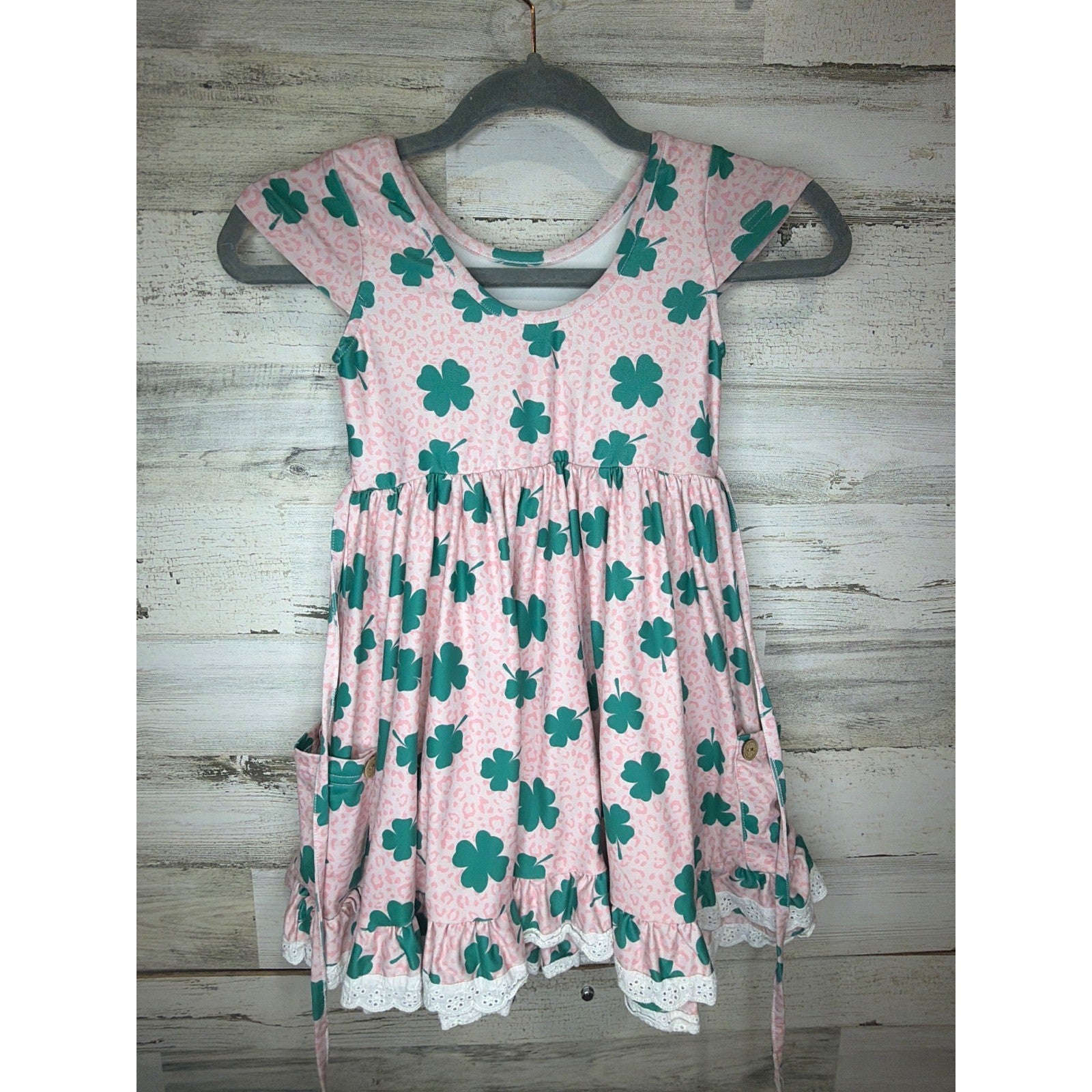 Cheeky Plum Dress Girls 6 Pink Leopard Shamrock Lace Trim Boutique2