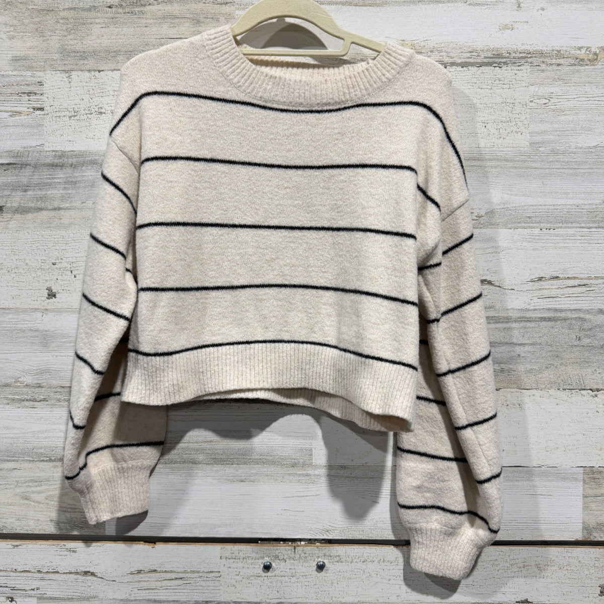 SHEIN Striped Crop Sweater Womens M Cream Black Acrylic Nautical Preppy EUC0
