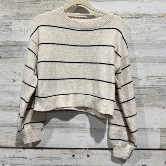 SHEIN Striped Crop Sweater Womens M Cream Black Acrylic Nautical Preppy EUC0