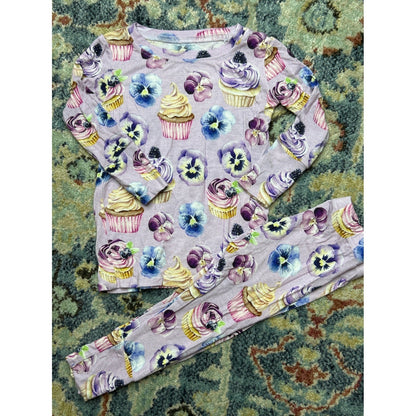 Lev Baby Pajama Set Baby Girl 6-12M Purple Cupcake Floral Bamboo EUC0