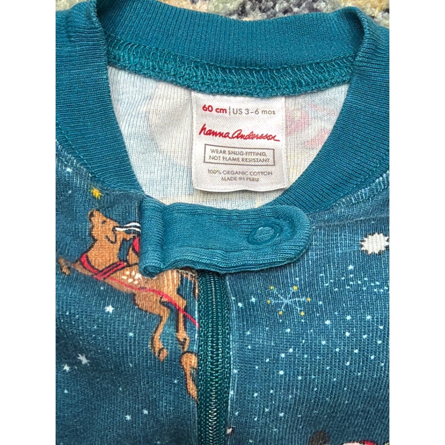 Hanna Andersson Pajamas Boys 3-6M Teal Santa Reindeer Organic Cotton EUC1