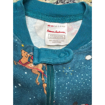 Hanna Andersson Pajamas Boys 3-6M Teal Santa Reindeer Organic Cotton EUC1