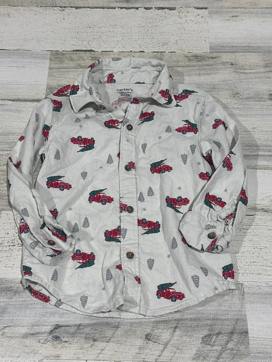 Carter's Button Down Shirt Boys 2T White Christmas Truck Tree Print GUC0