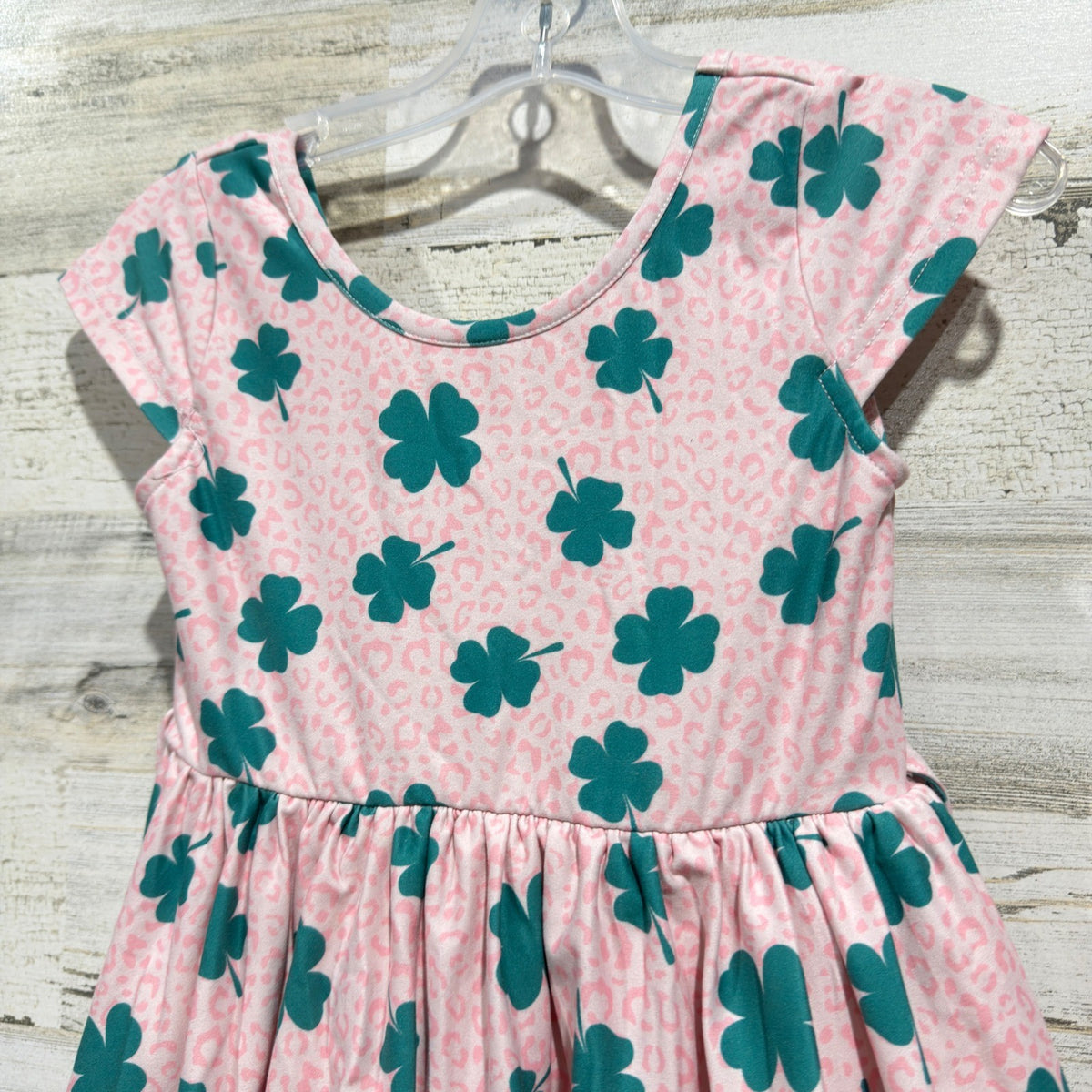 Cheeky Plum Dress Girls 6Y Pink Green Clover Leopard Ruffle St Patricks Day EUC1