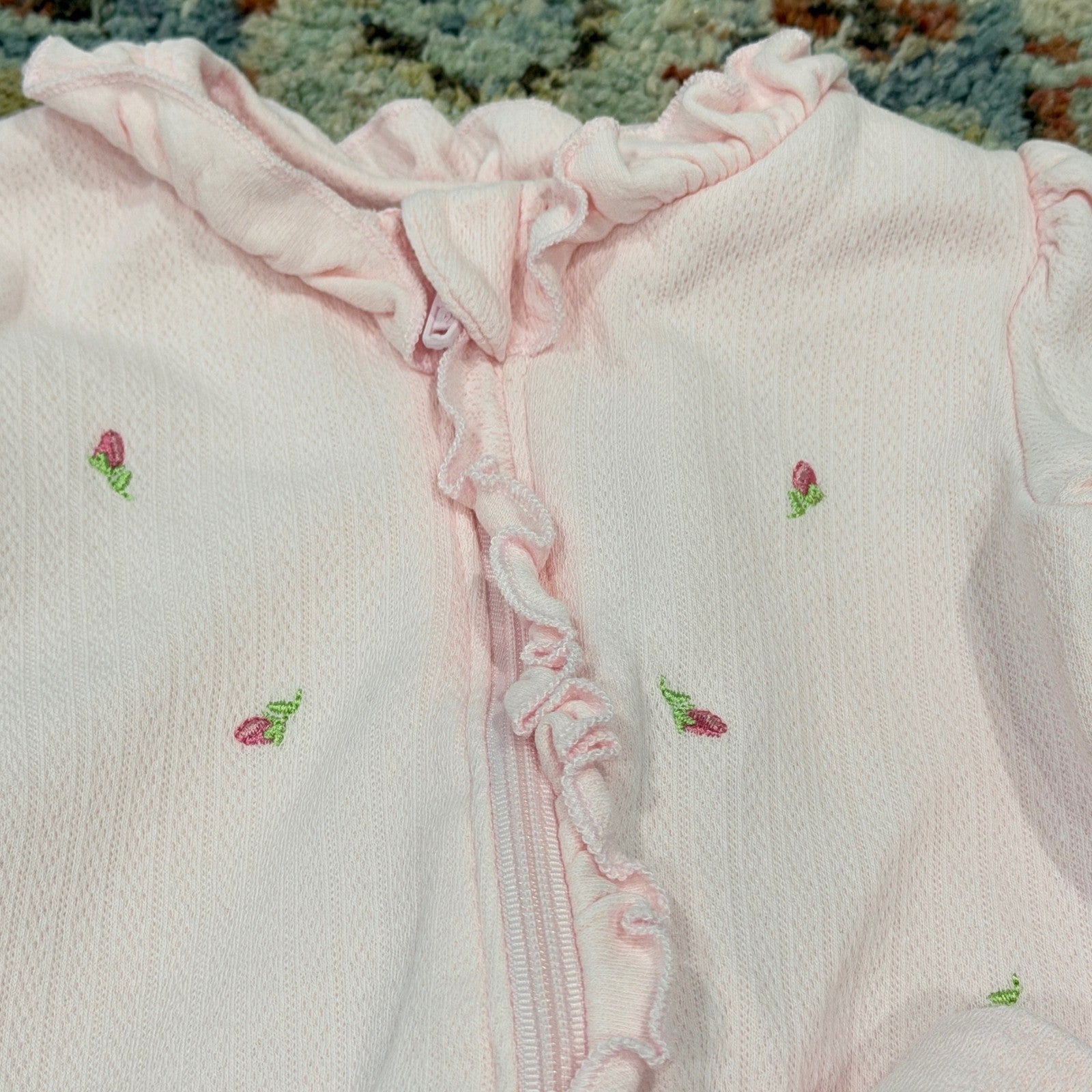 Little Me Footed Sleeper Girls 3M Pink Rosebud Pointelle Ruffle Coquette EUC1
