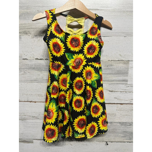 Boutique Sunflower Skater Dress Girls 2T Black Yellow Bow Back EUC0