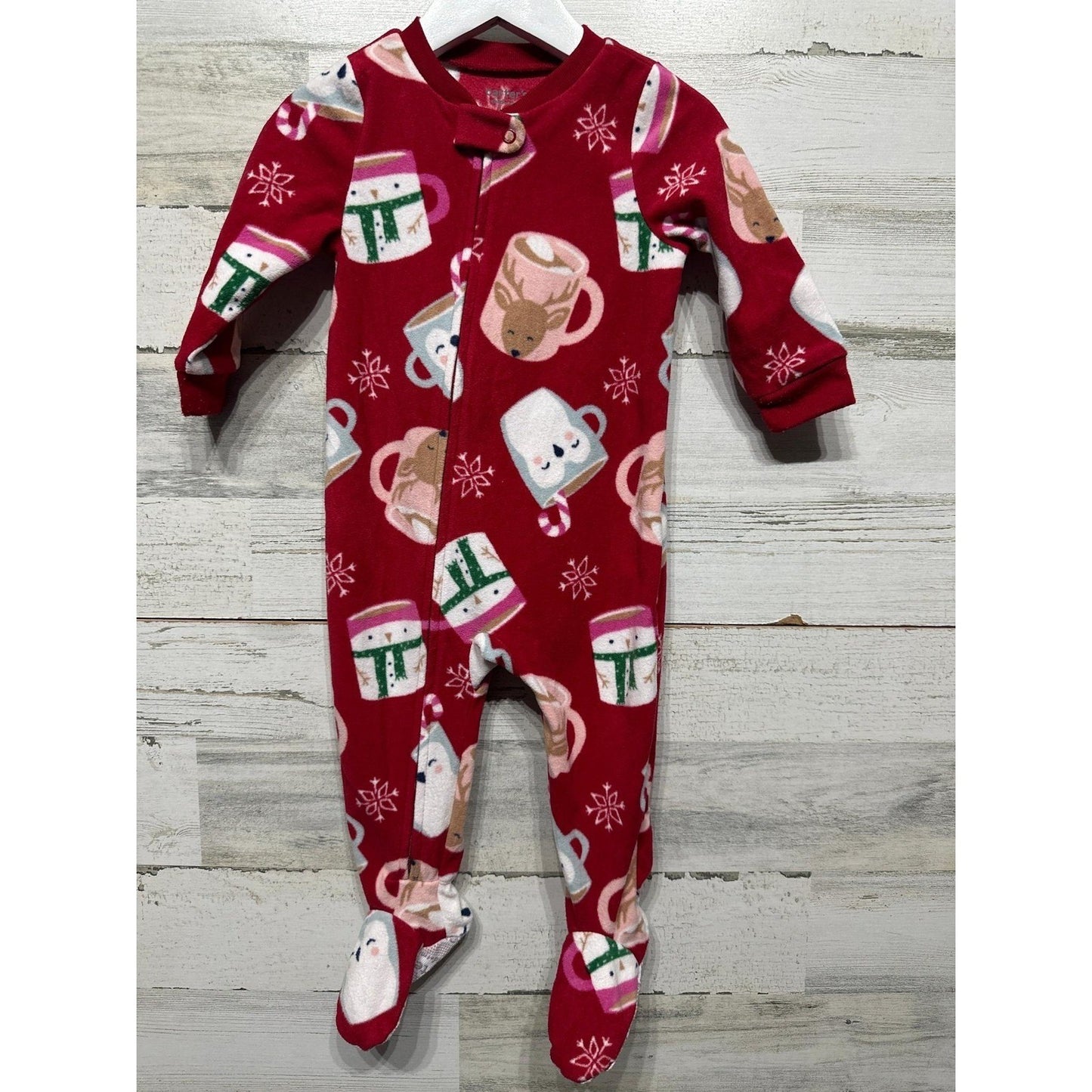 Carters Footed Pajamas Girls 12M Red Fleece Hot Cocoa Winter Holiday EUC0