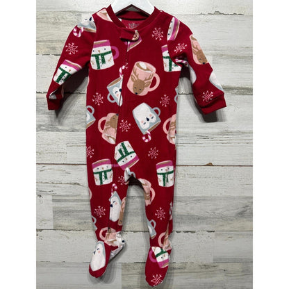 Carters Footed Pajamas Girls 12M Red Fleece Hot Cocoa Winter Holiday EUC0