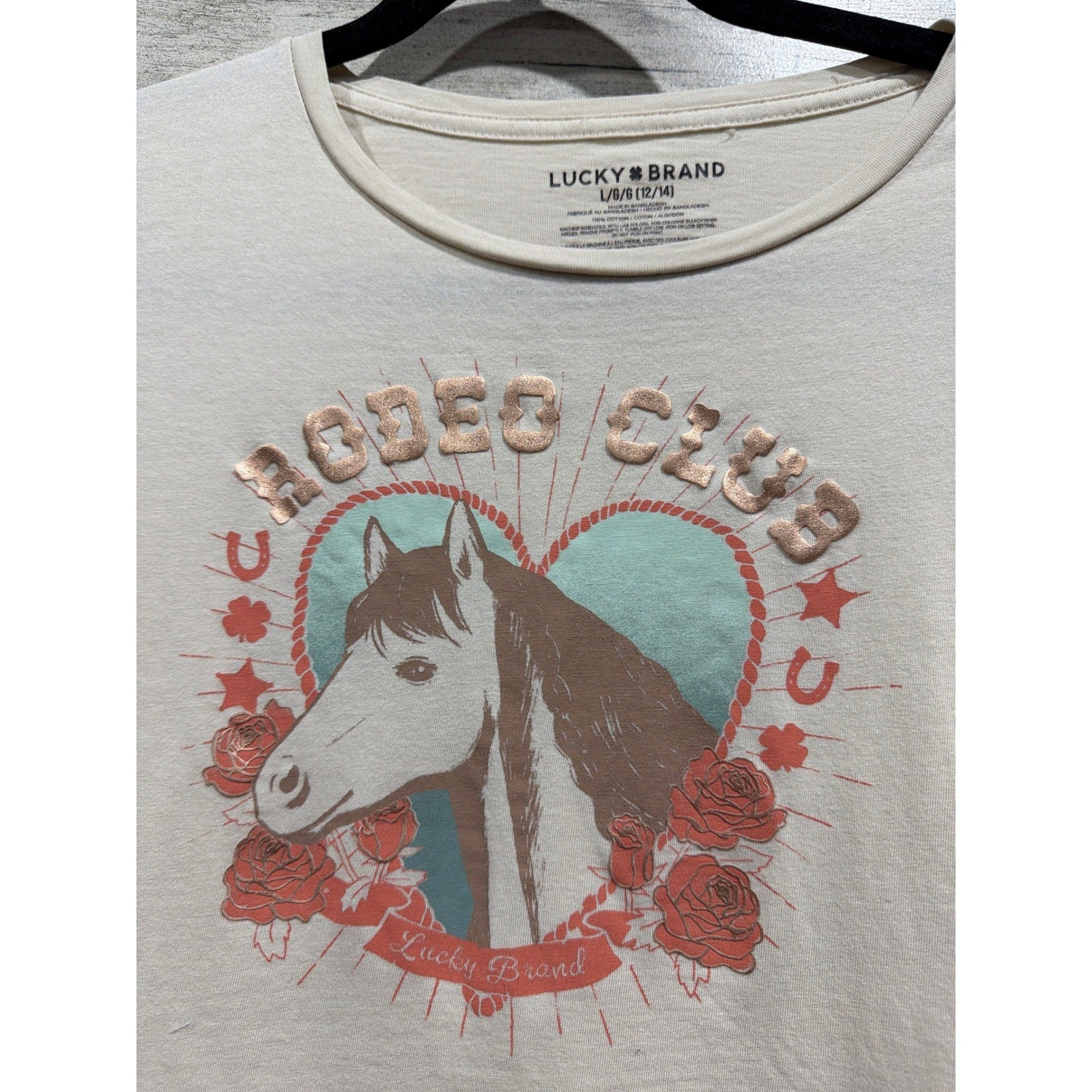 Lucky Brand SO Shirt Shorts Set Girls 12/14 Cream Black Horse Rodeo Club EUC2