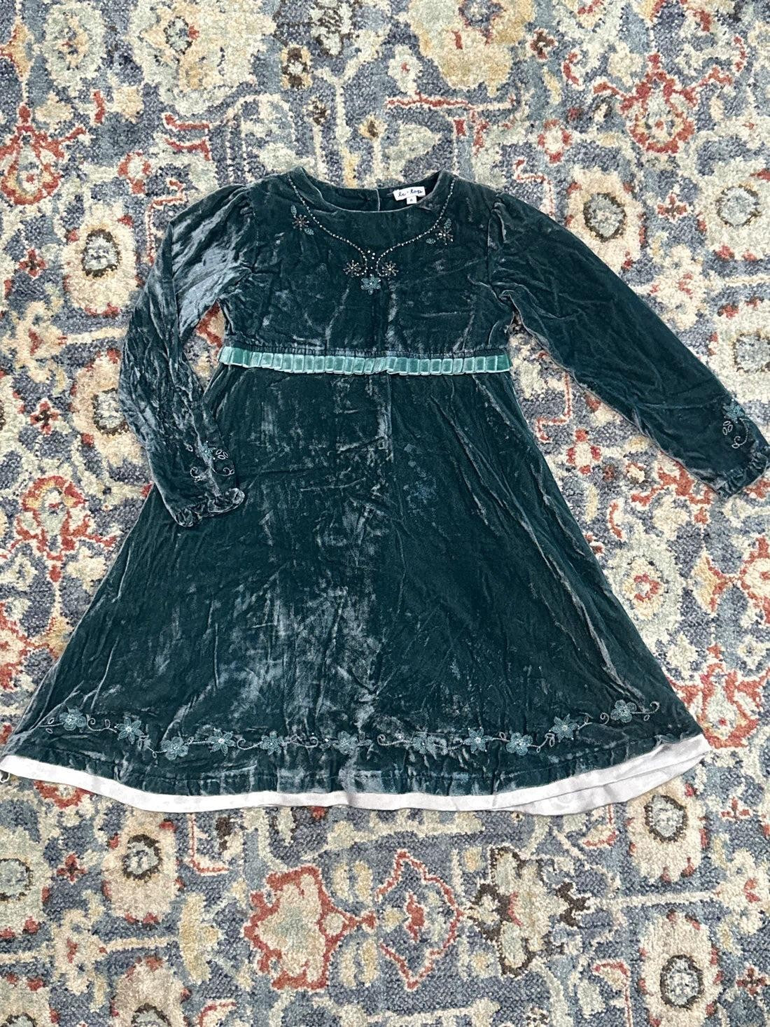 Le Top Velvet Dress Girls Size 6 Teal Beaded Floral Embroidery Holiday GUC0