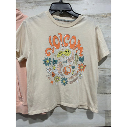 Roxy Volcom Hoodie T-Shirt Girls 7/8 Pink Cream Surf Skate Coastal EUC2