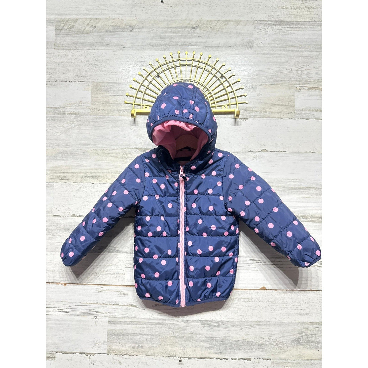 Carter's Puffer Jacket Girls 3T Navy Pink Polka Dot Hooded Zip Coat GUC*0