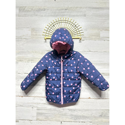 Carter's Puffer Jacket Girls 3T Navy Pink Polka Dot Hooded Zip Coat GUC*0